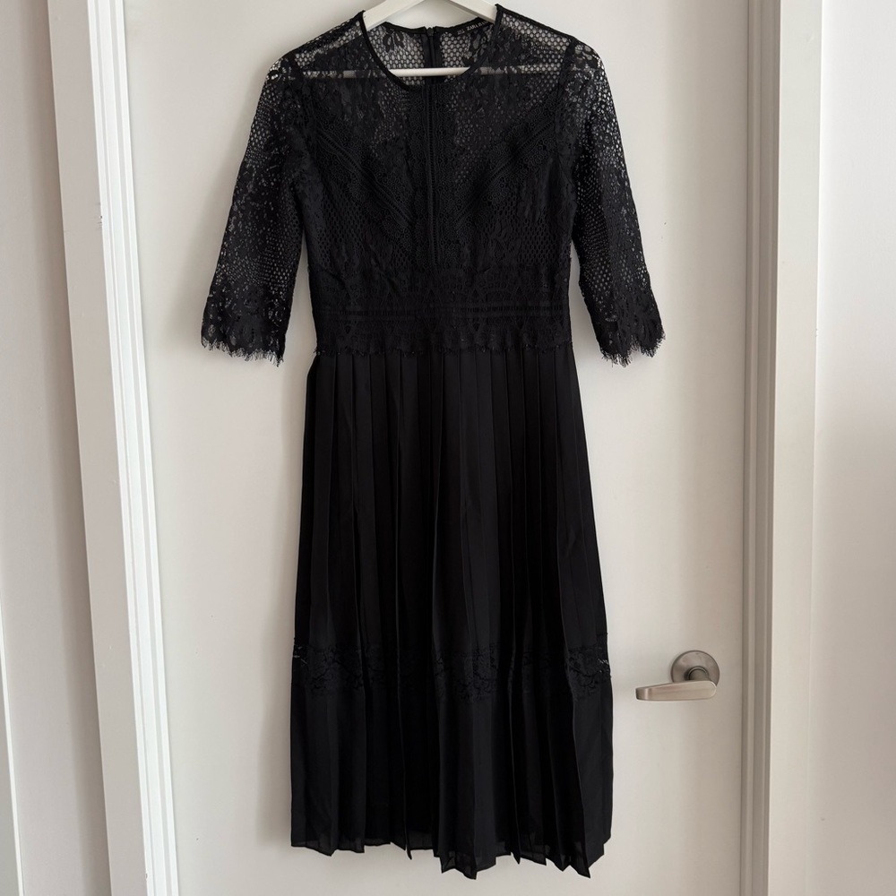 ZARA Black Lace Midi Dress Pleated Skirt Elegant Romantic